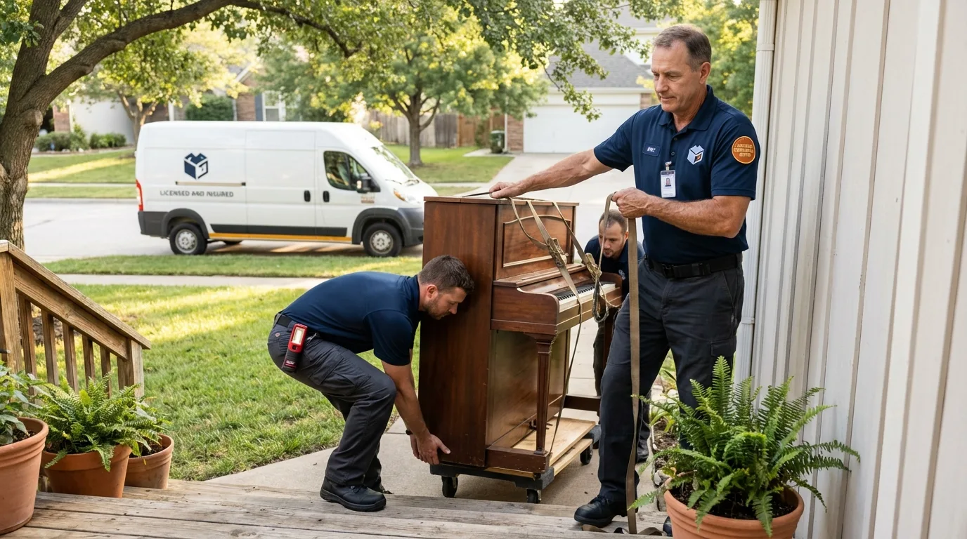 Licensed piano movers securing grand piano in Burnsville, MN