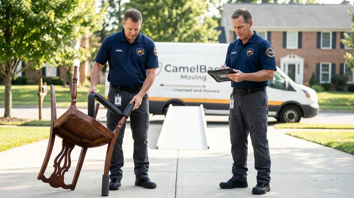 Movers inspecting furniture for damage prevention before loading in Burnsville, MN