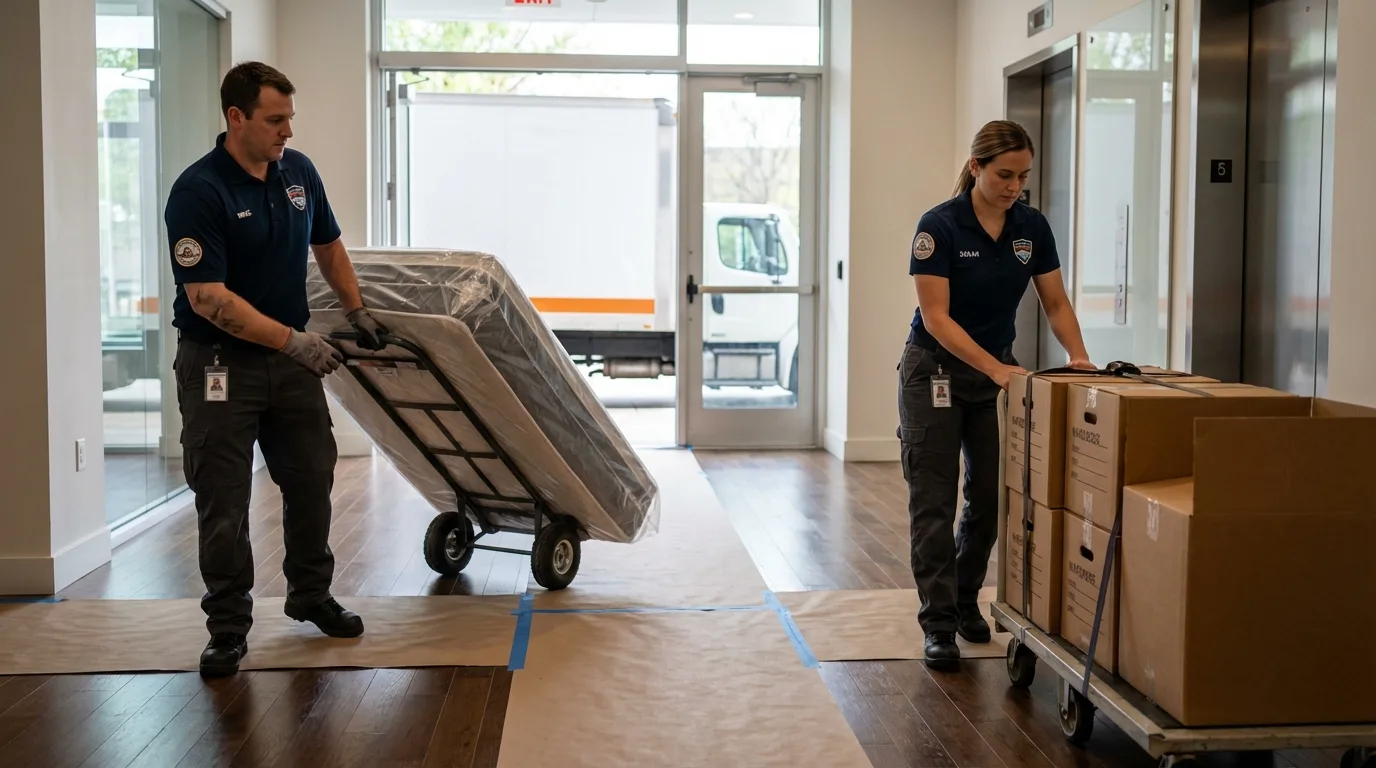 Professional apartment movers loading elevator in Burnsville, MN